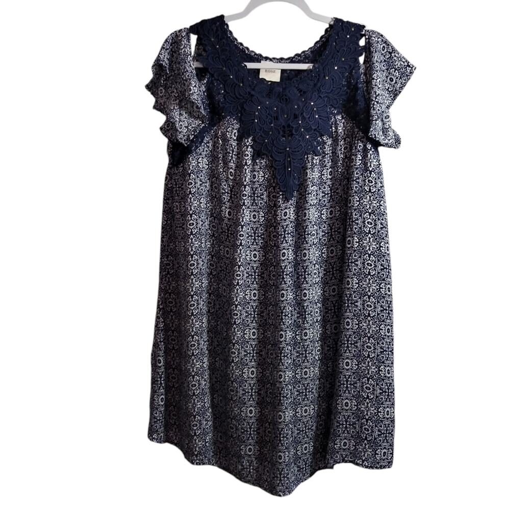 Knox Rose Blue Floral A Line Embroidered Lace Cold Shoulder Dress Size L